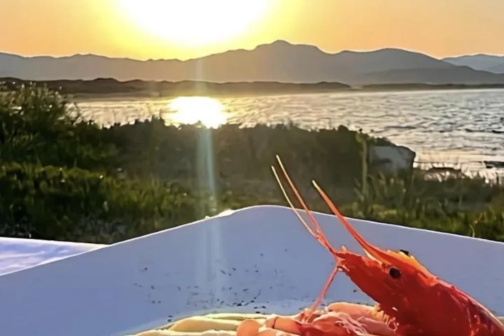 Un piatto di pasta con gambero crudo davanti al tramonto sul mare, dal servizio per La Conchiglia